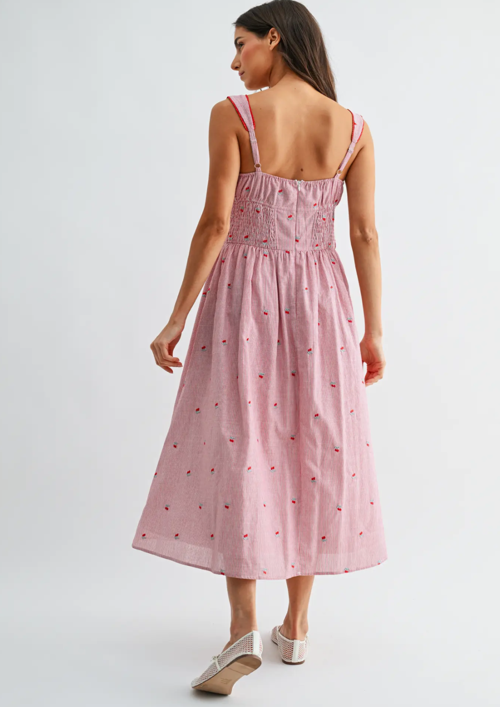 Striped Midi Dress With Cherry Embroidery