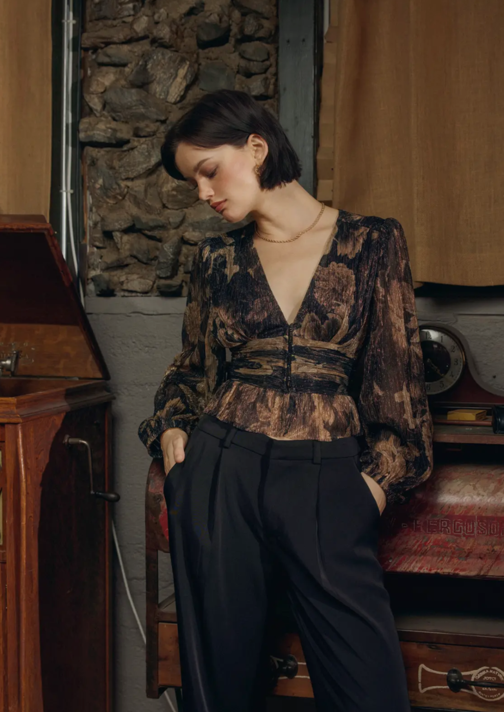 Grains Of Time Plunging Raw Hem Blouse