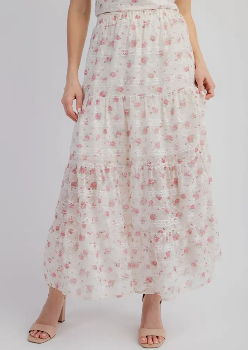 Embroidery Floral Printed Tiered Skirt