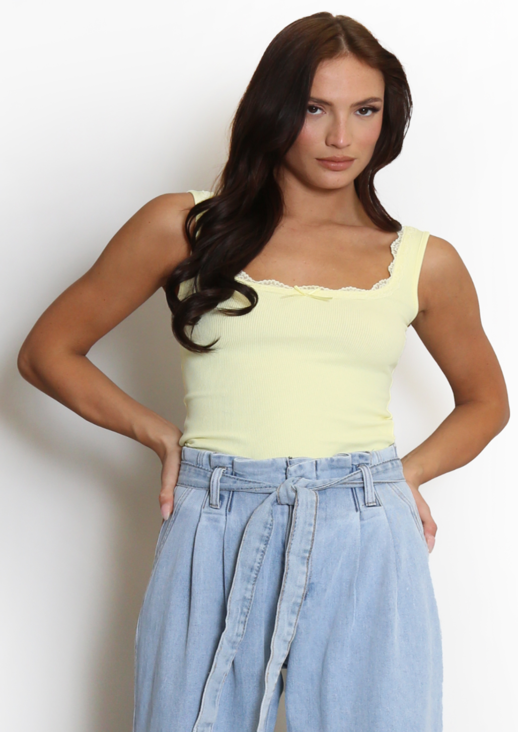 Lace Neckline Yellow Vest Top