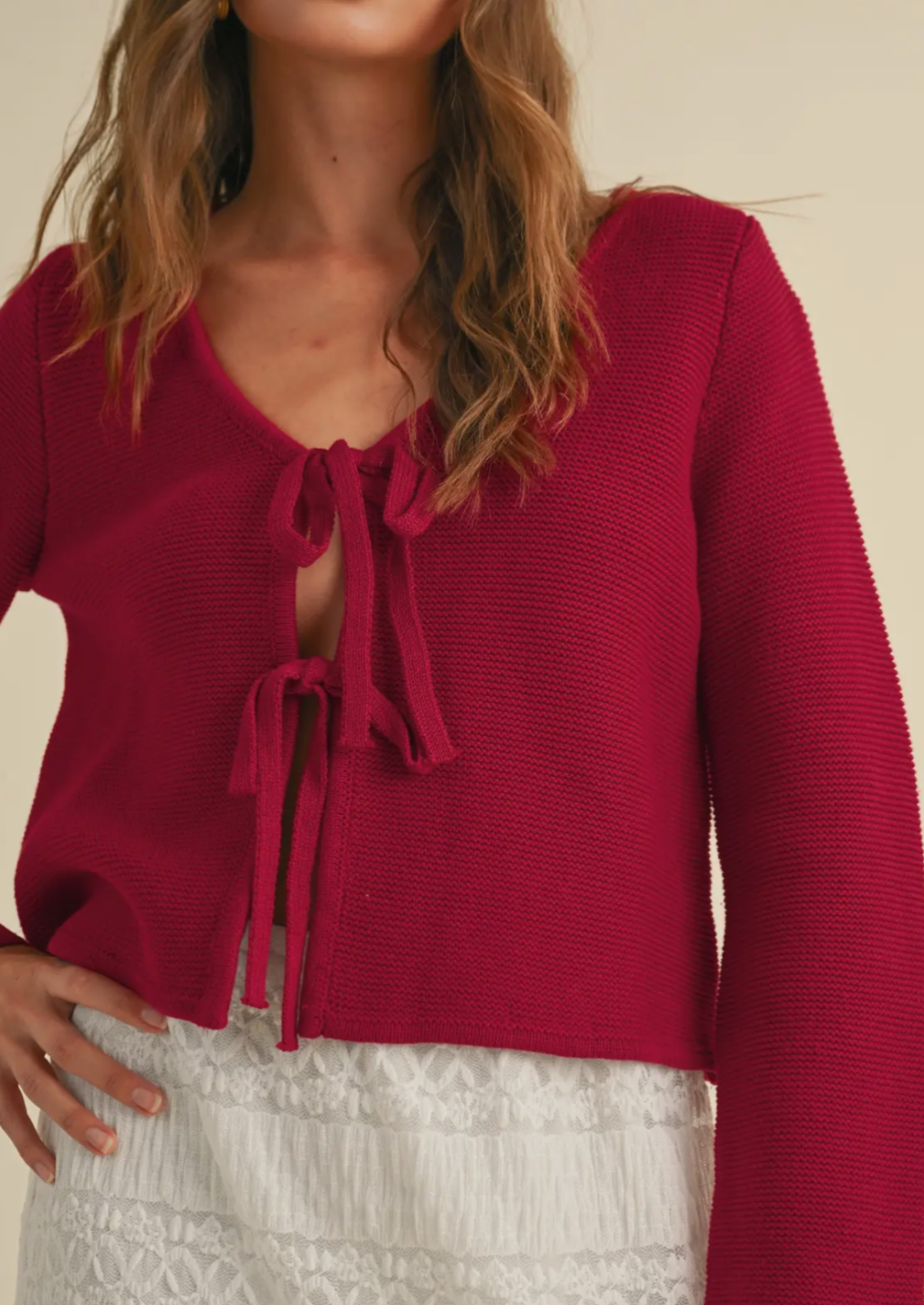 Red Long Sleeve Knitted Tie Front Cardigan