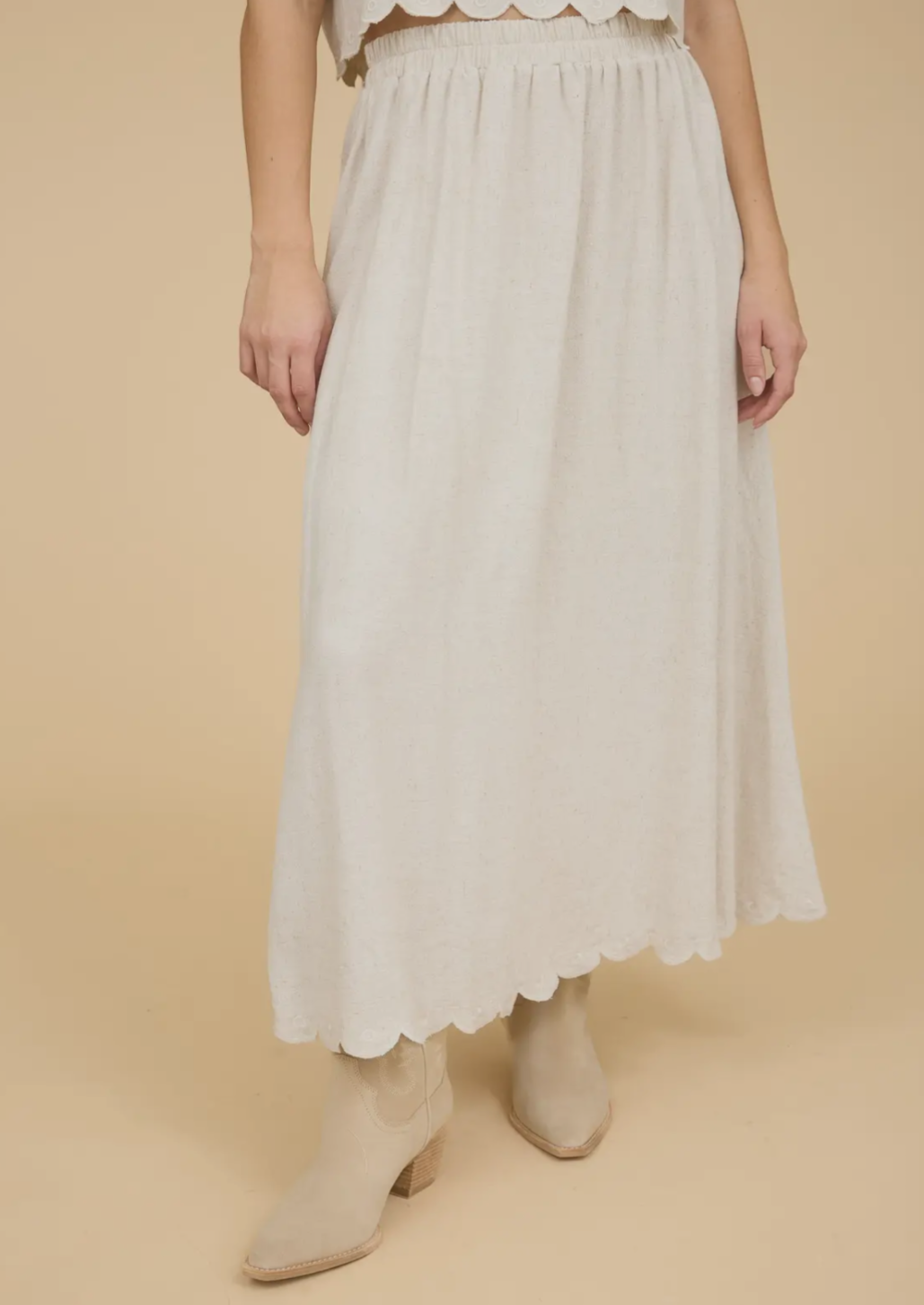High Waisted Scallop Hem Midi Skirt
