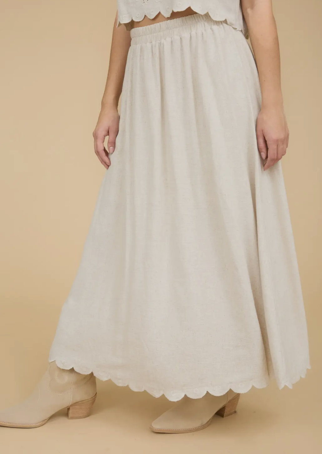 High Waisted Scallop Hem Midi Skirt