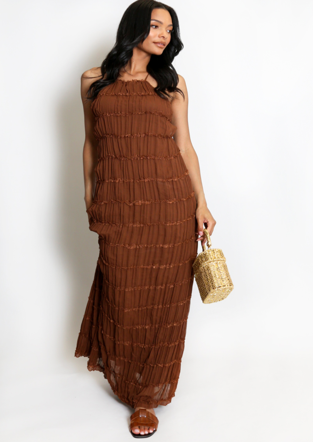 Chiffon Halter Neck Gathered Maxi Dress