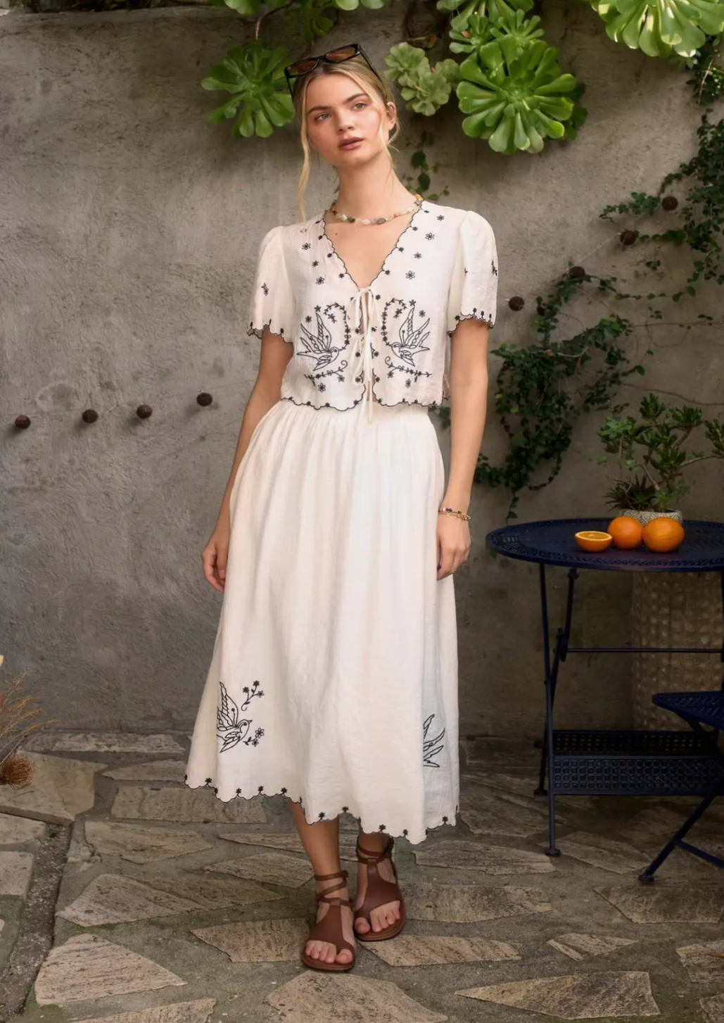 Bird Embroidery Detail Midi Skirt