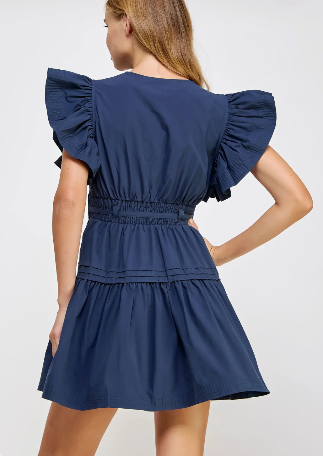 Navy Flutter Sleeve Poplin Mini Dress