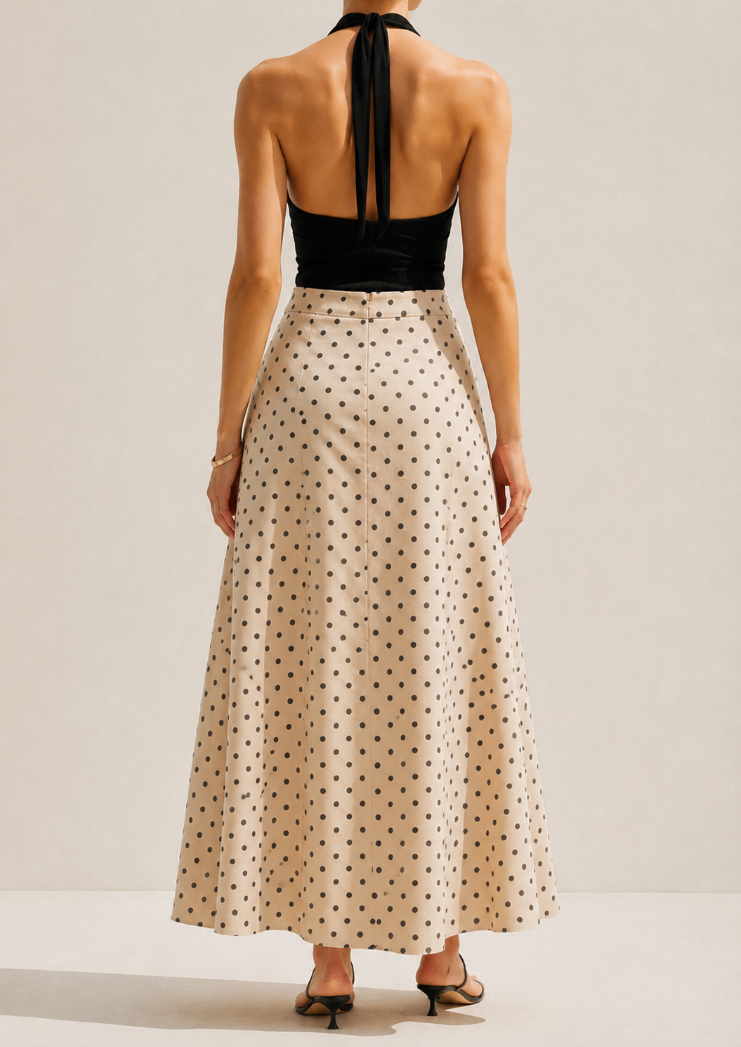 Polka Dot Linen Flared Maxi Skirt