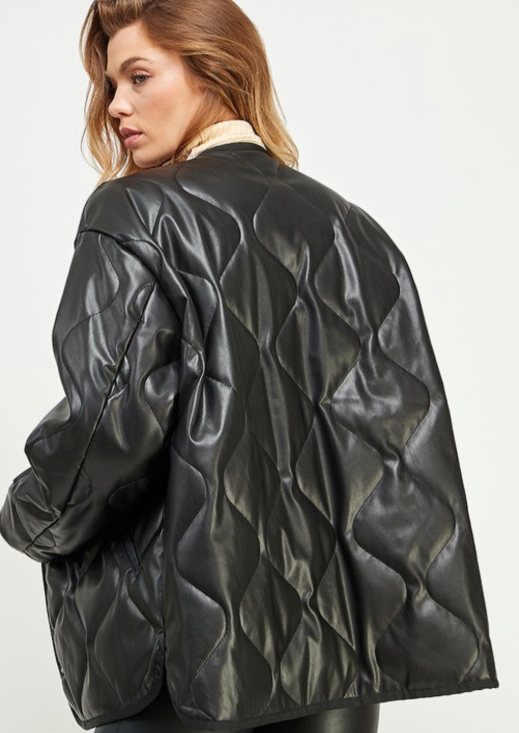 V Neck Diamond Quilted Pu Jacket