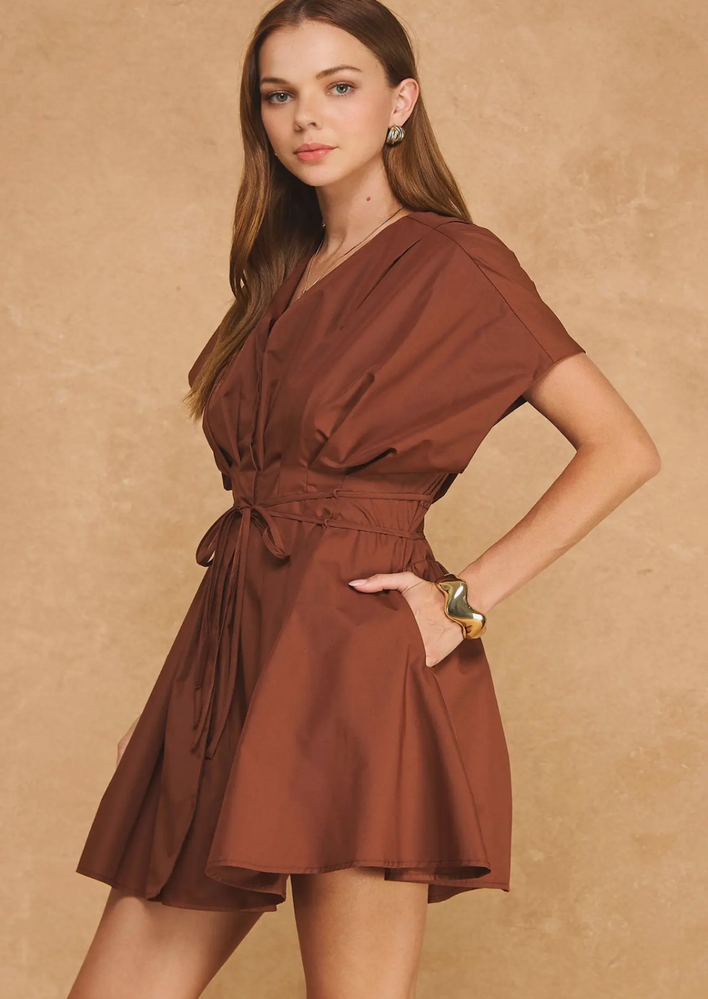 Pleated V Neck Tie Waist Mini Dress