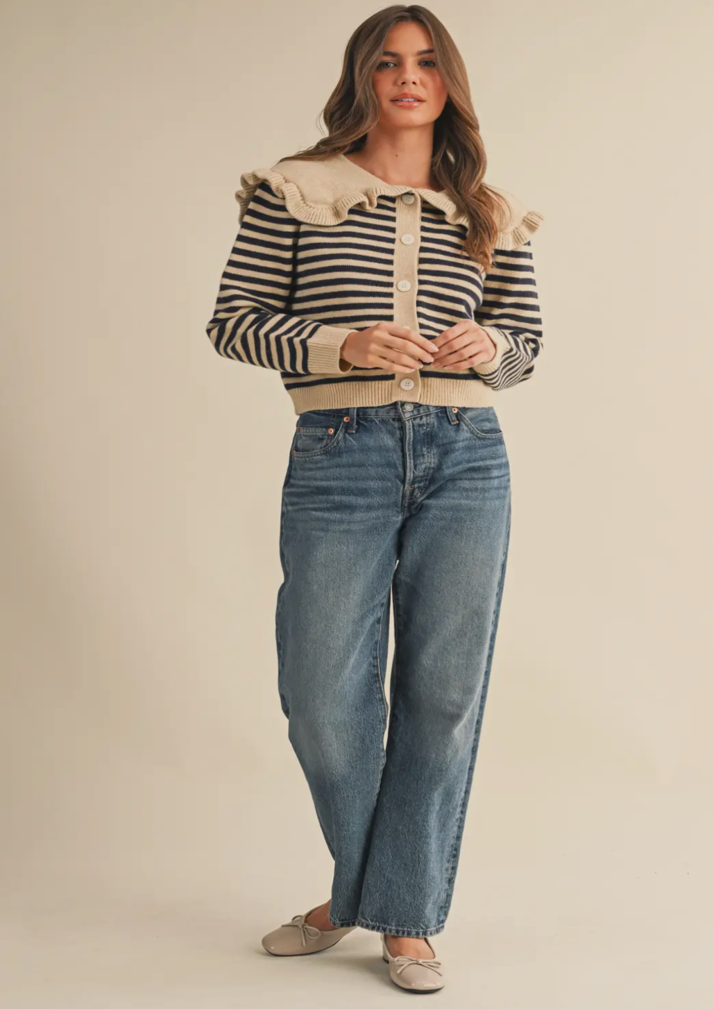 Striped Cardigan With Ruffle Collar