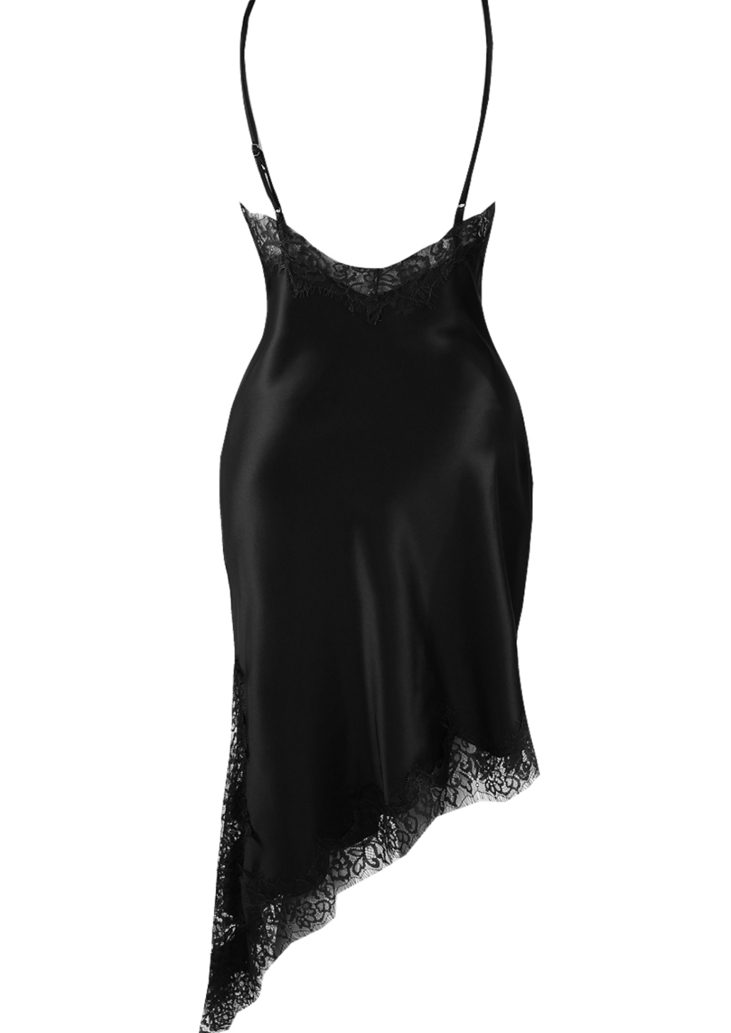 Black Satin Lace Asymmetric Hem Dress