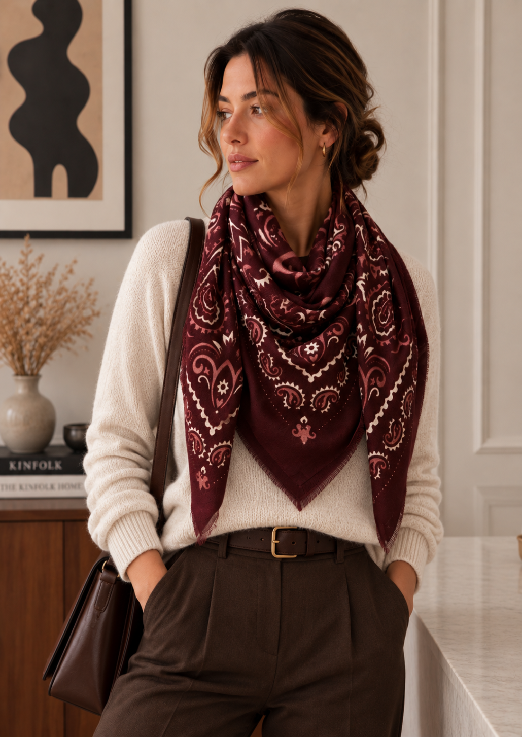 Burgundy Large Woollen Square Bandana Scarf