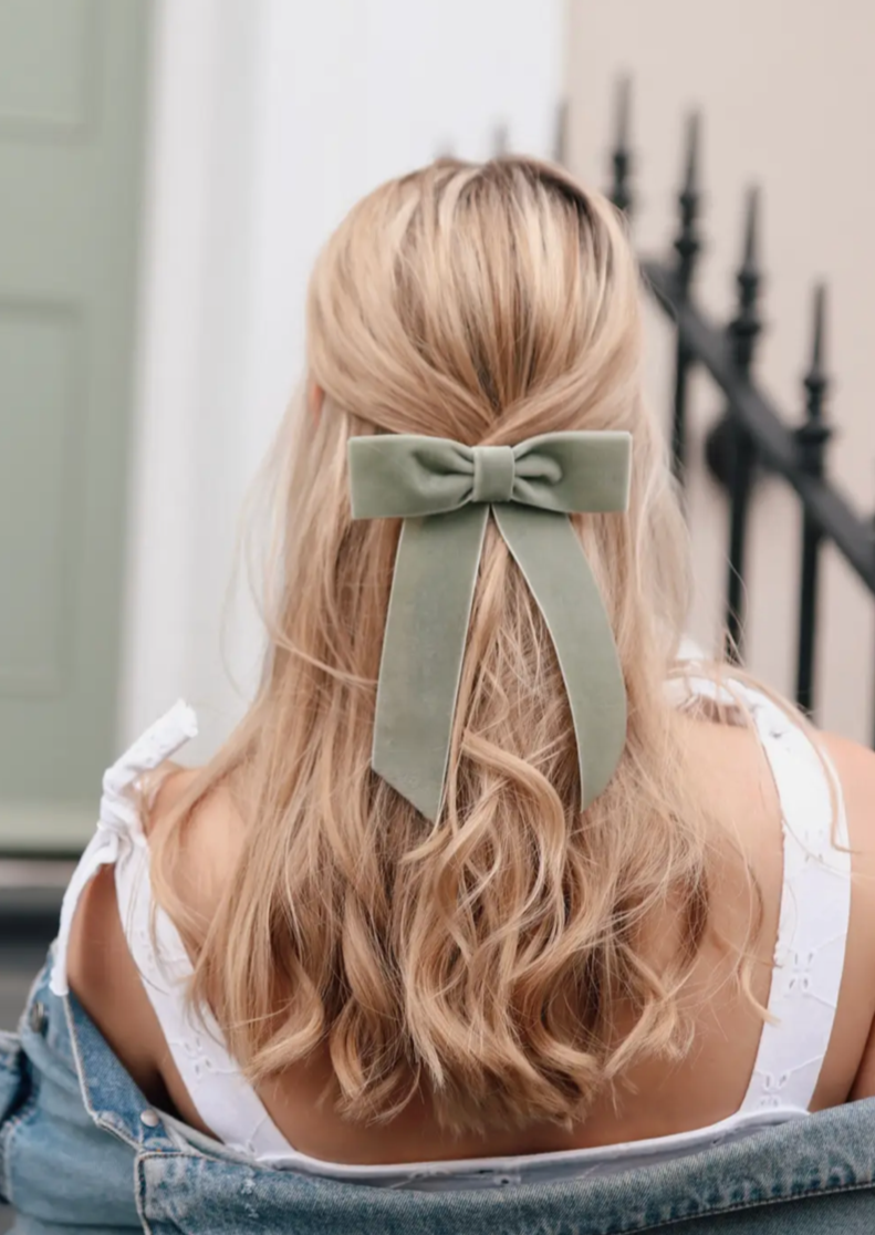 Sage Velvet Bow Hair Clip