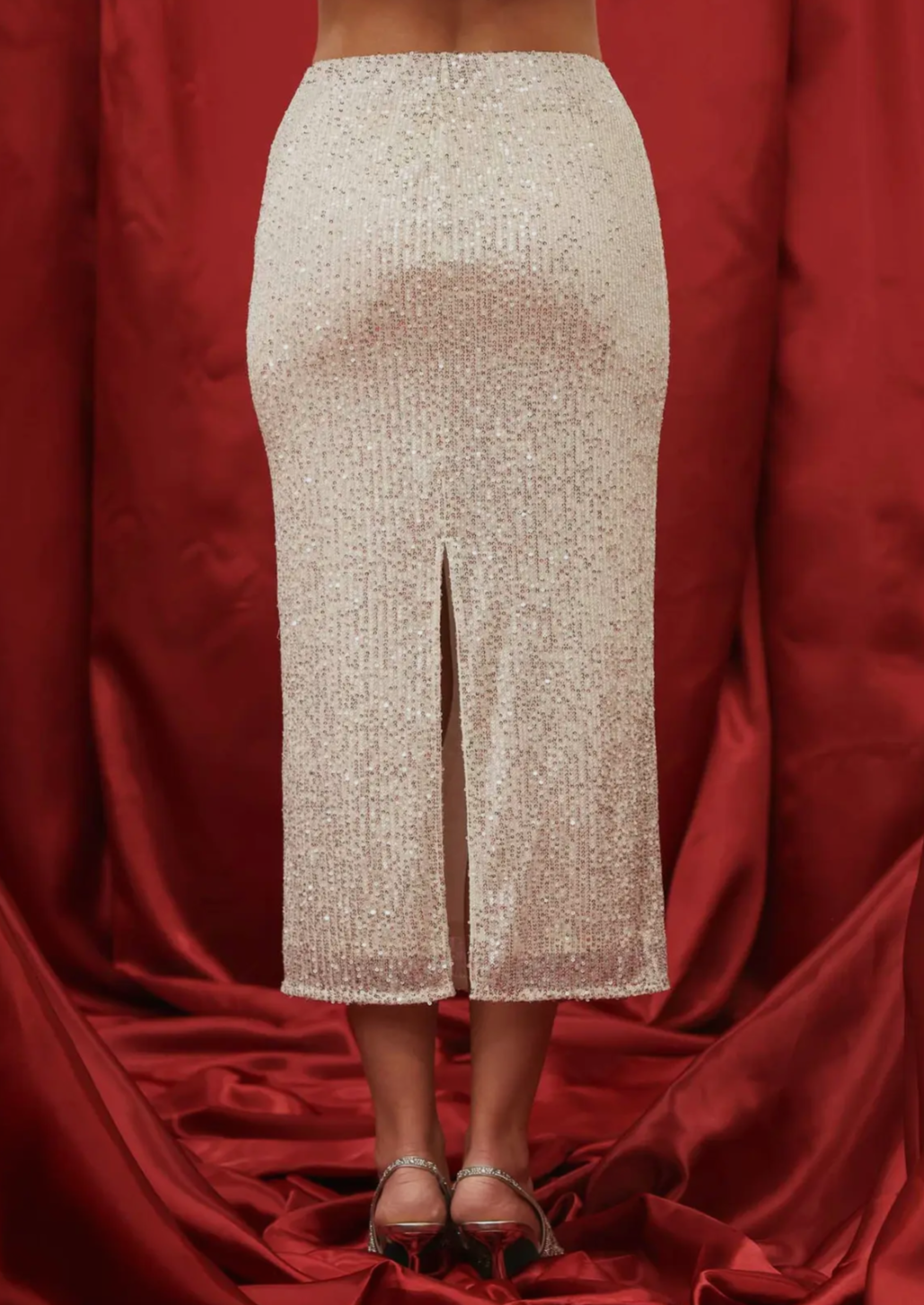 Silver Sequin Midi Skirt