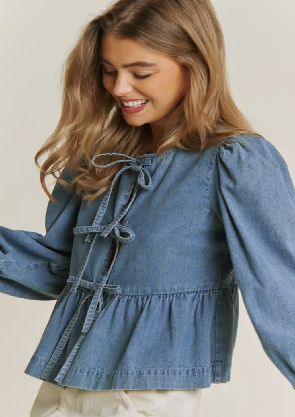 Denim Wash Open Front Babydoll Blouse