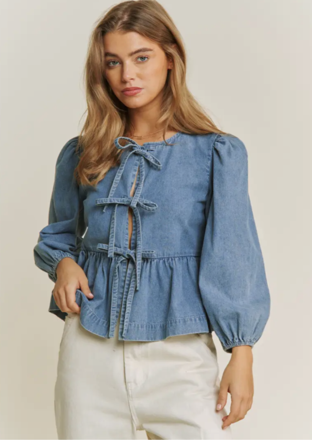 Denim Wash Open Front Babydoll Blouse