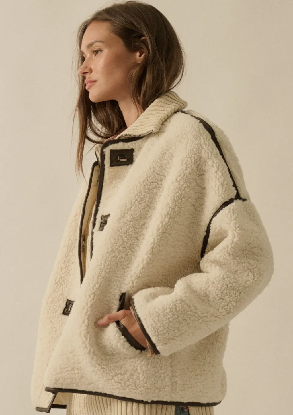Sherpa Fleece Faux Leather Trim Jacket