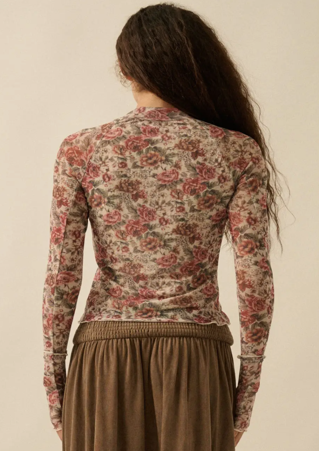 Floral Print Mesh Mock Neck Top