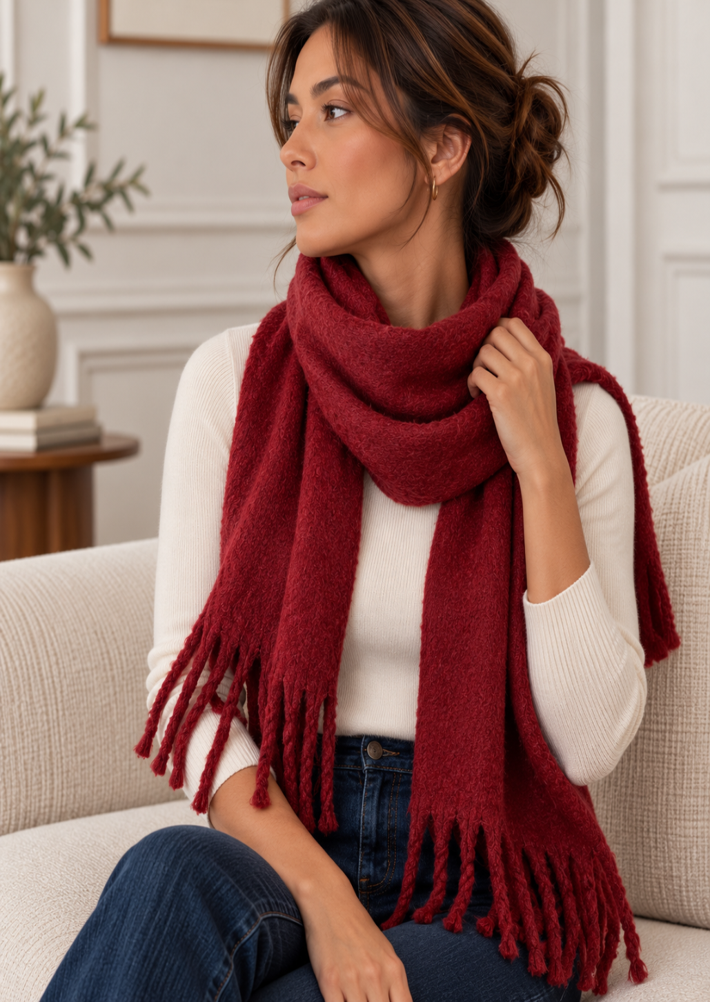 Solid Burgundy Scarf With Large Fringe