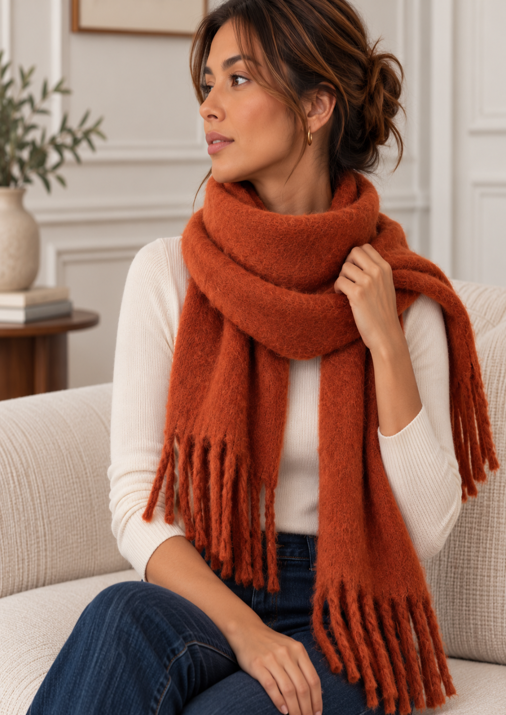 Solid Rust Scarf With Large Fringe