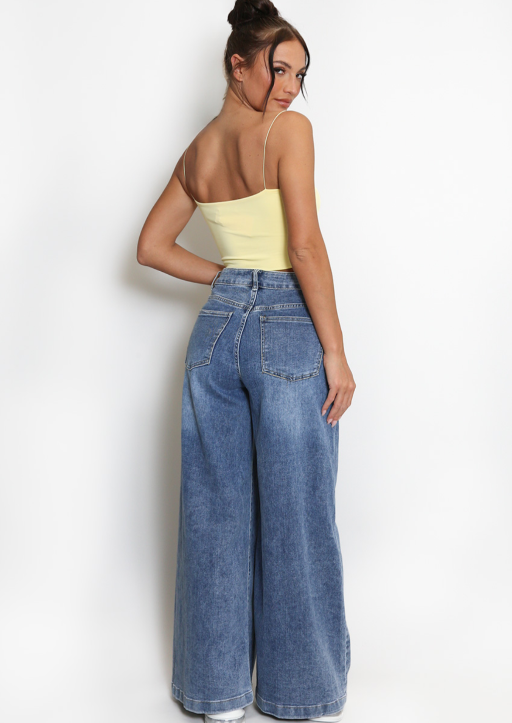 Pleated Flare Hem Wide Leg Jean