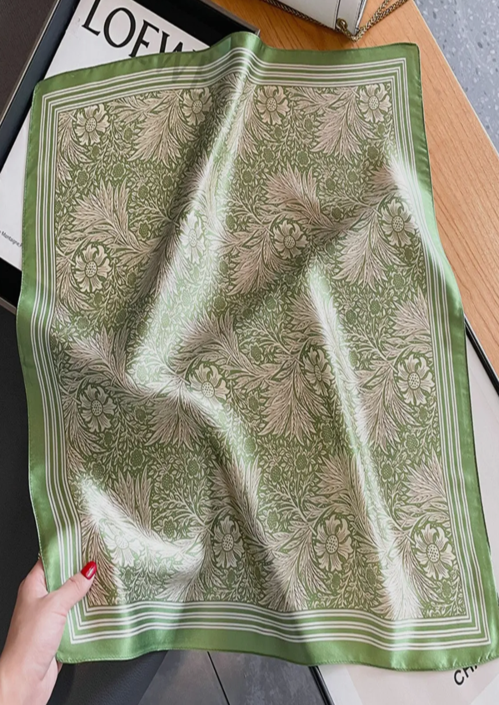 Green Floral 100% Mulberry Silk Scarf