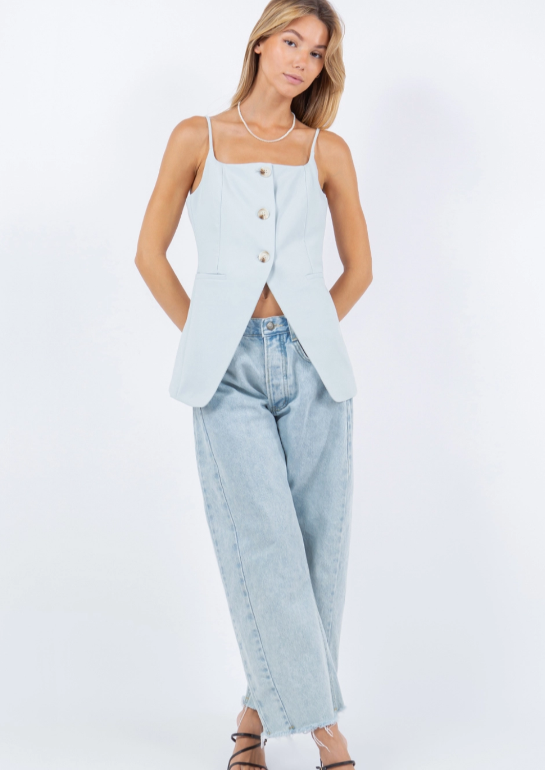 Blue Open Front Sleeveless Vest Top