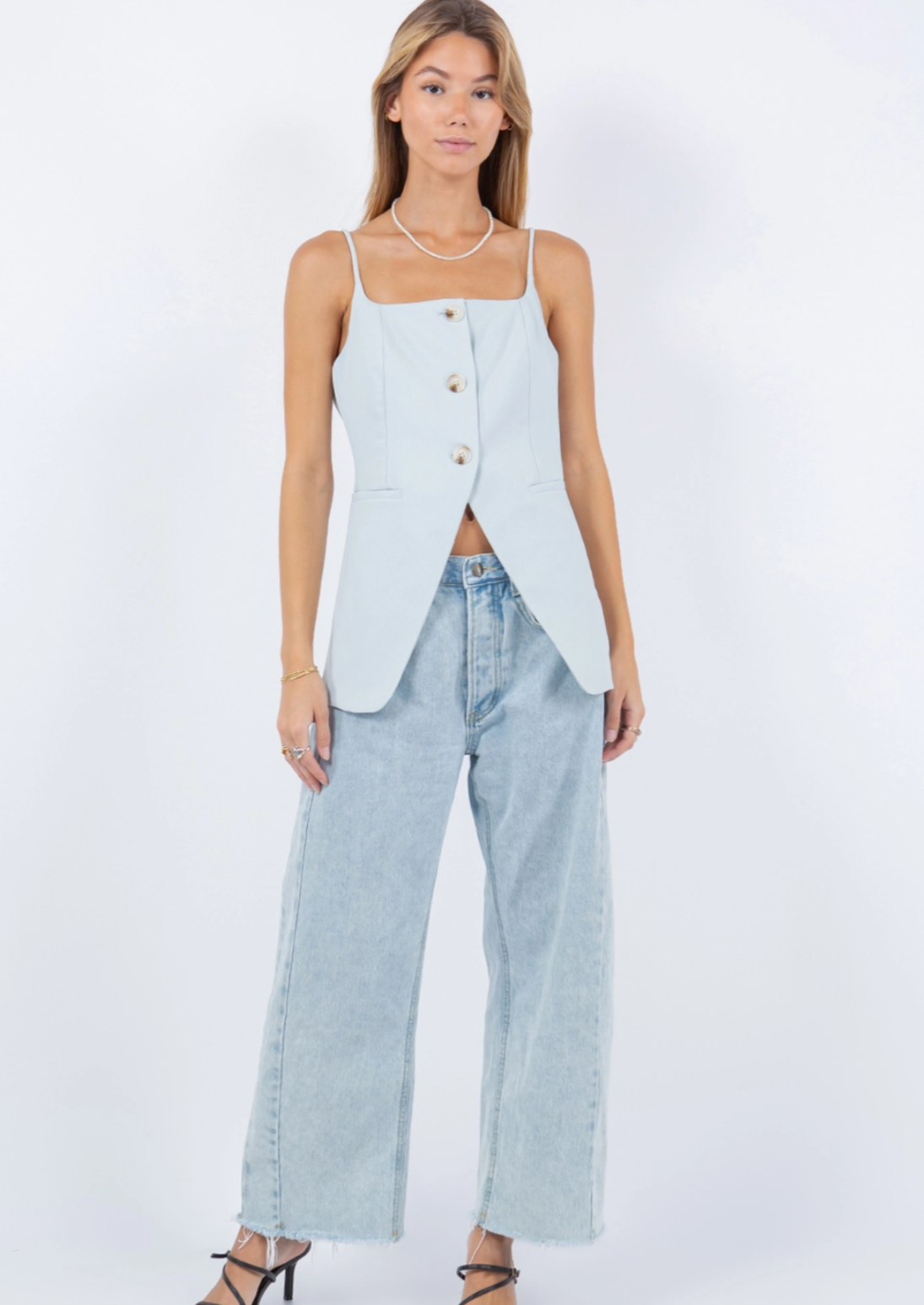 Blue Open Front Sleeveless Vest Top
