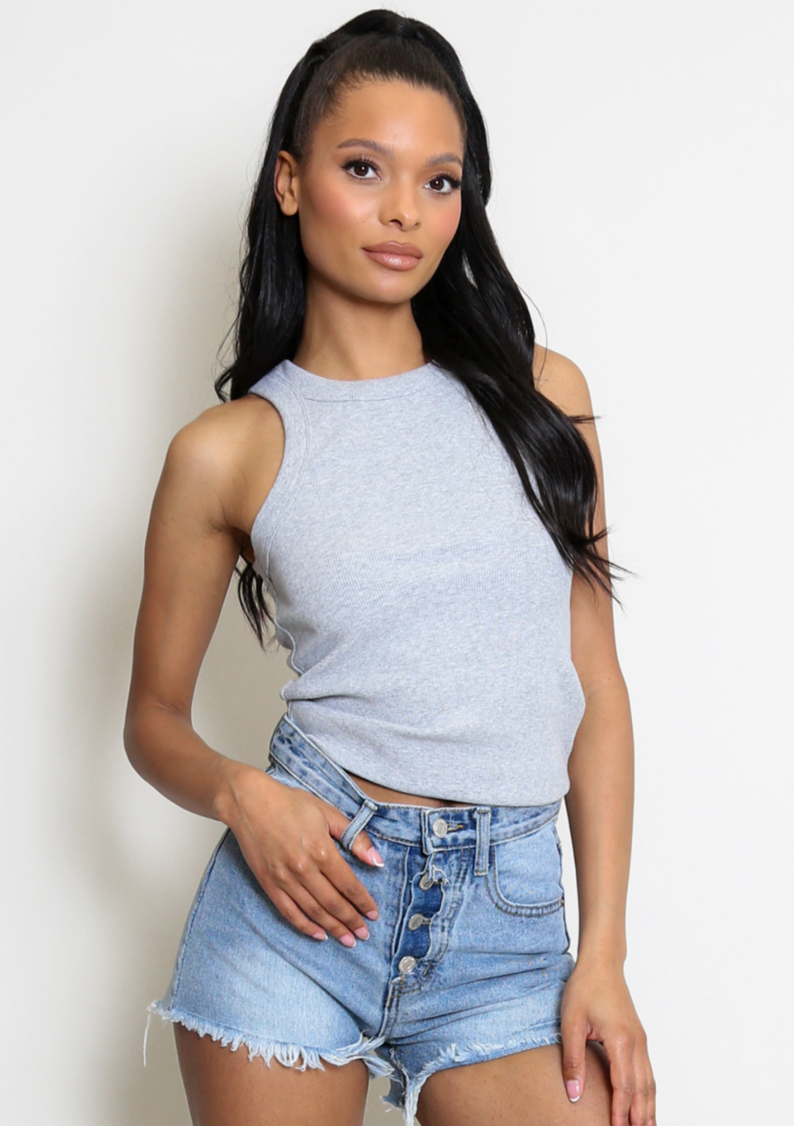 Grey Ribbed Round Neck Vest