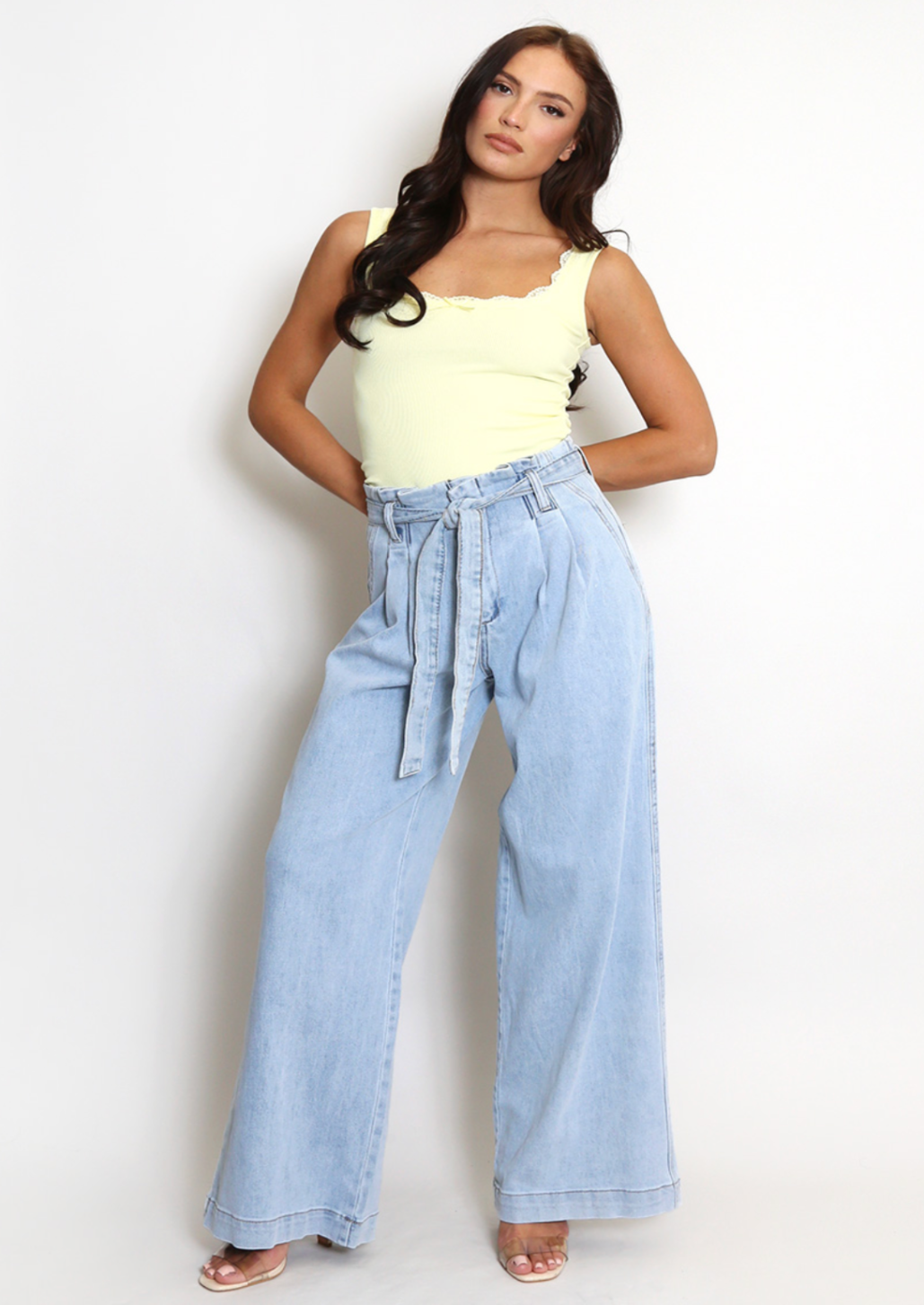 Mid Blue Pleated Paperbag Jeans