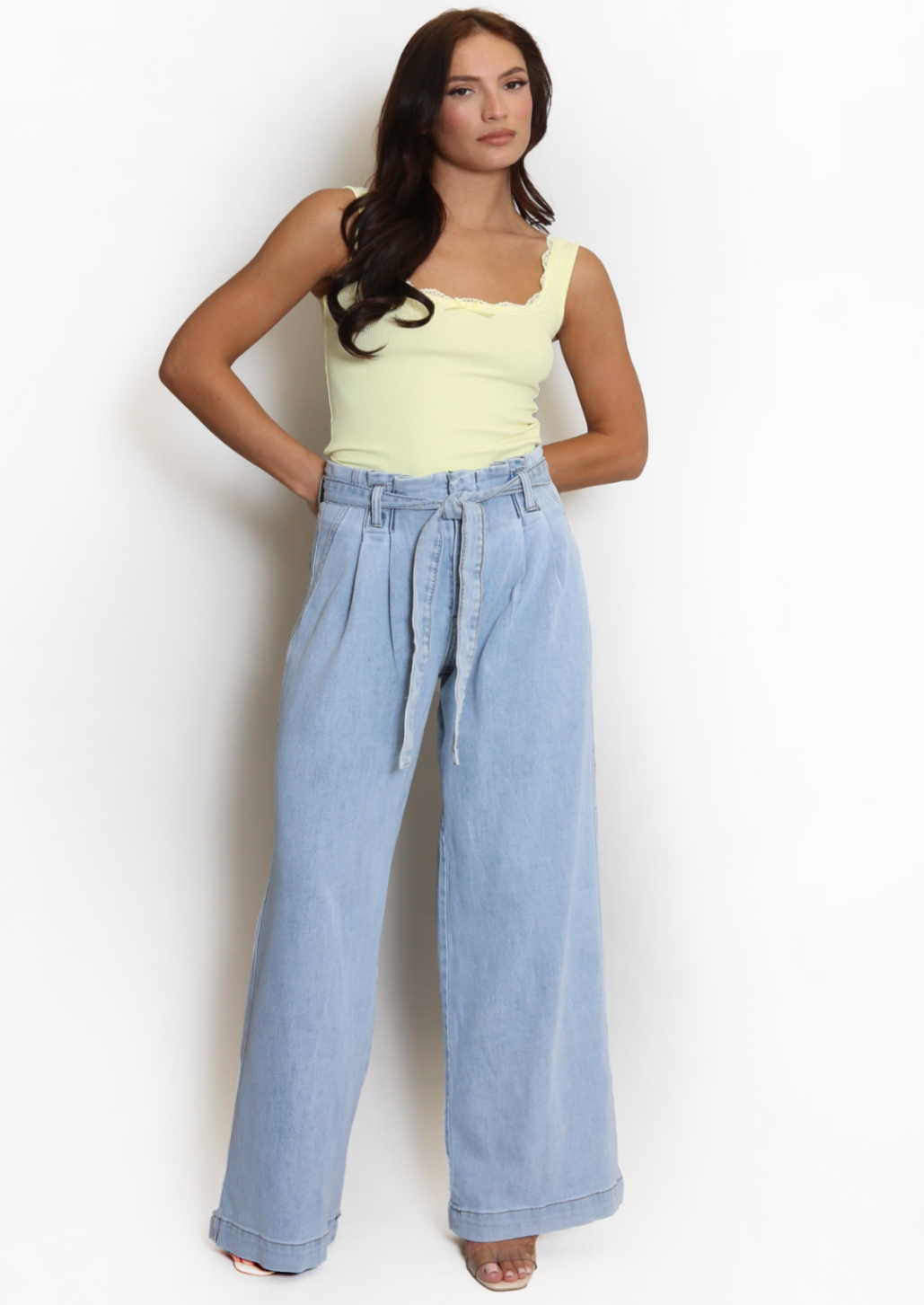 Mid Blue Pleated Paperbag Jeans