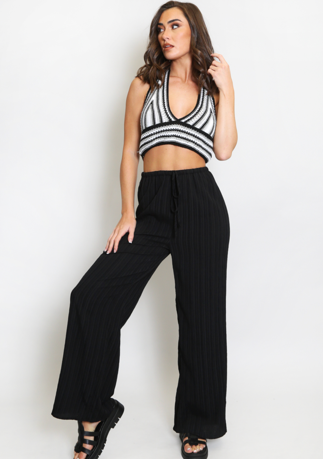 Black Elasticated Cheesecloth Wide Leg Trouser