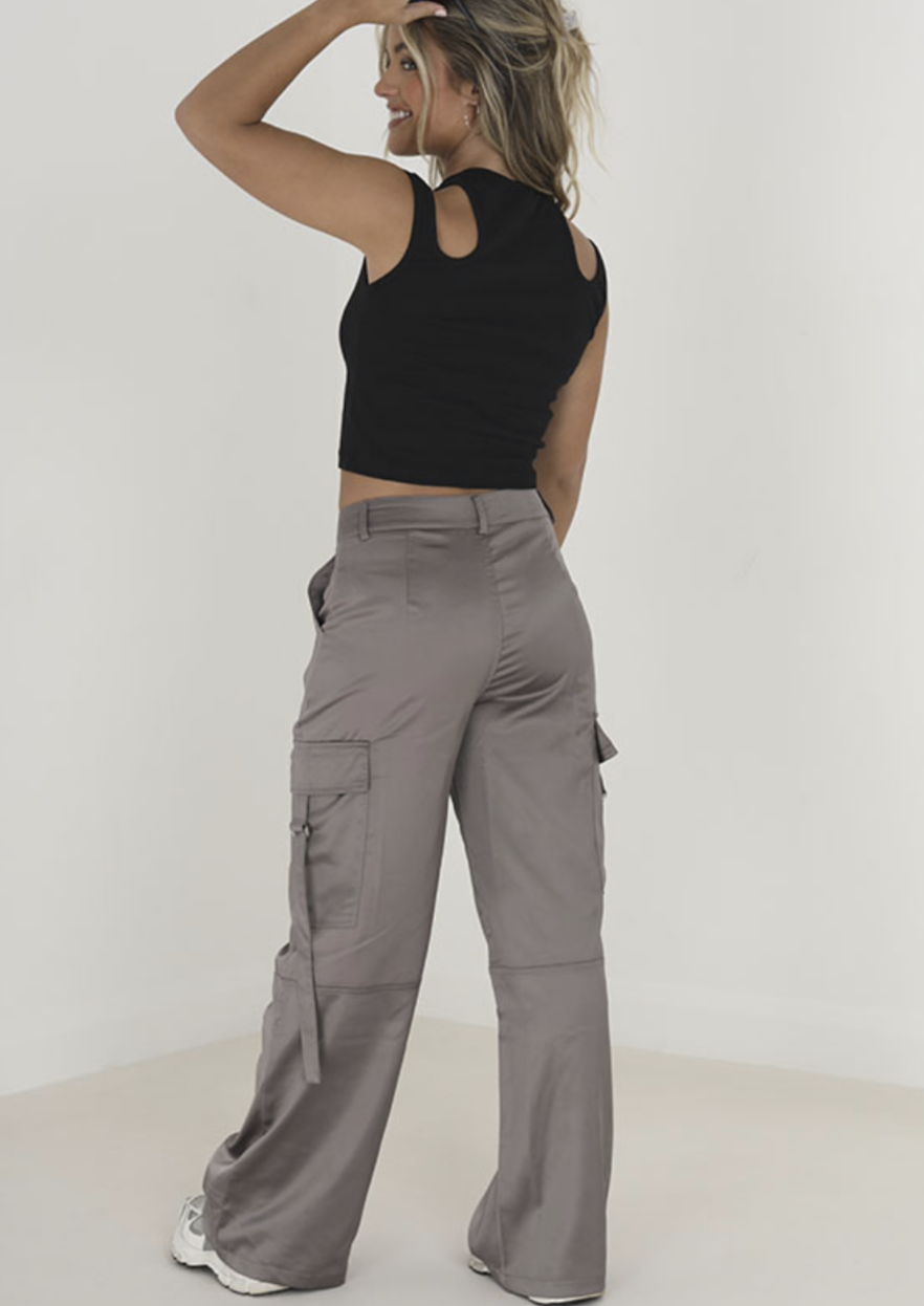 Slate Wide Leg Satin Utility Cargo Trousers
