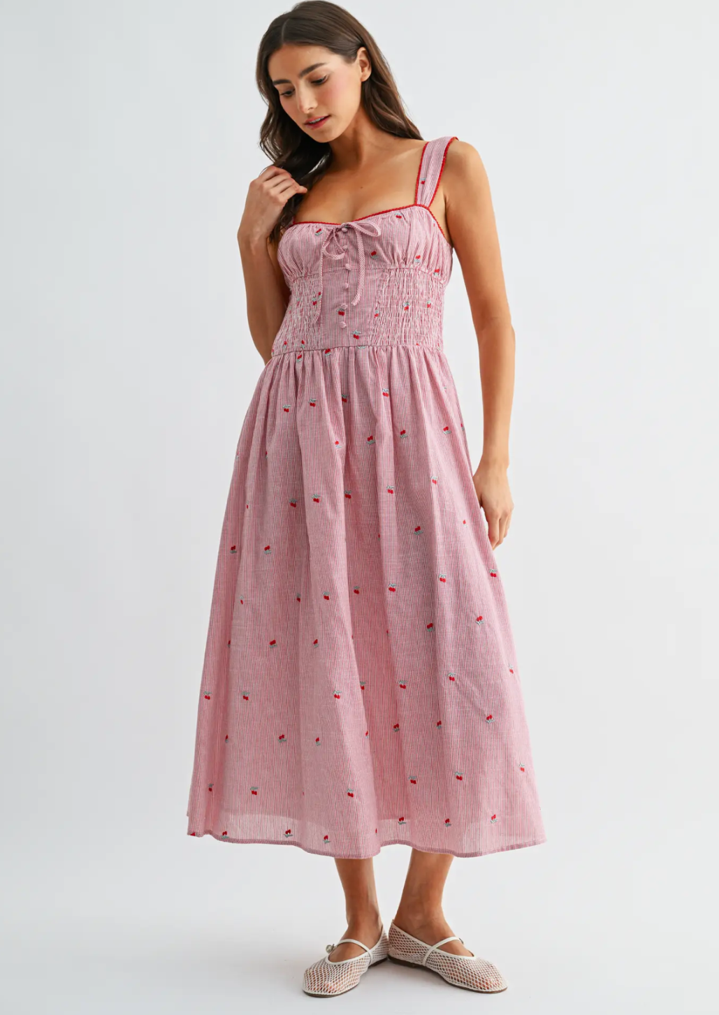 Striped Midi Dress With Cherry Embroidery