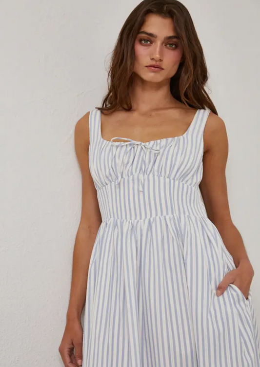 Blue & White Stripe Textured Tie Front Midi Dress