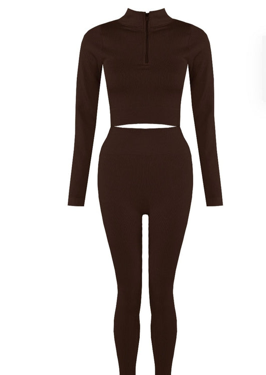 Brown Ribbed zip up Active Top