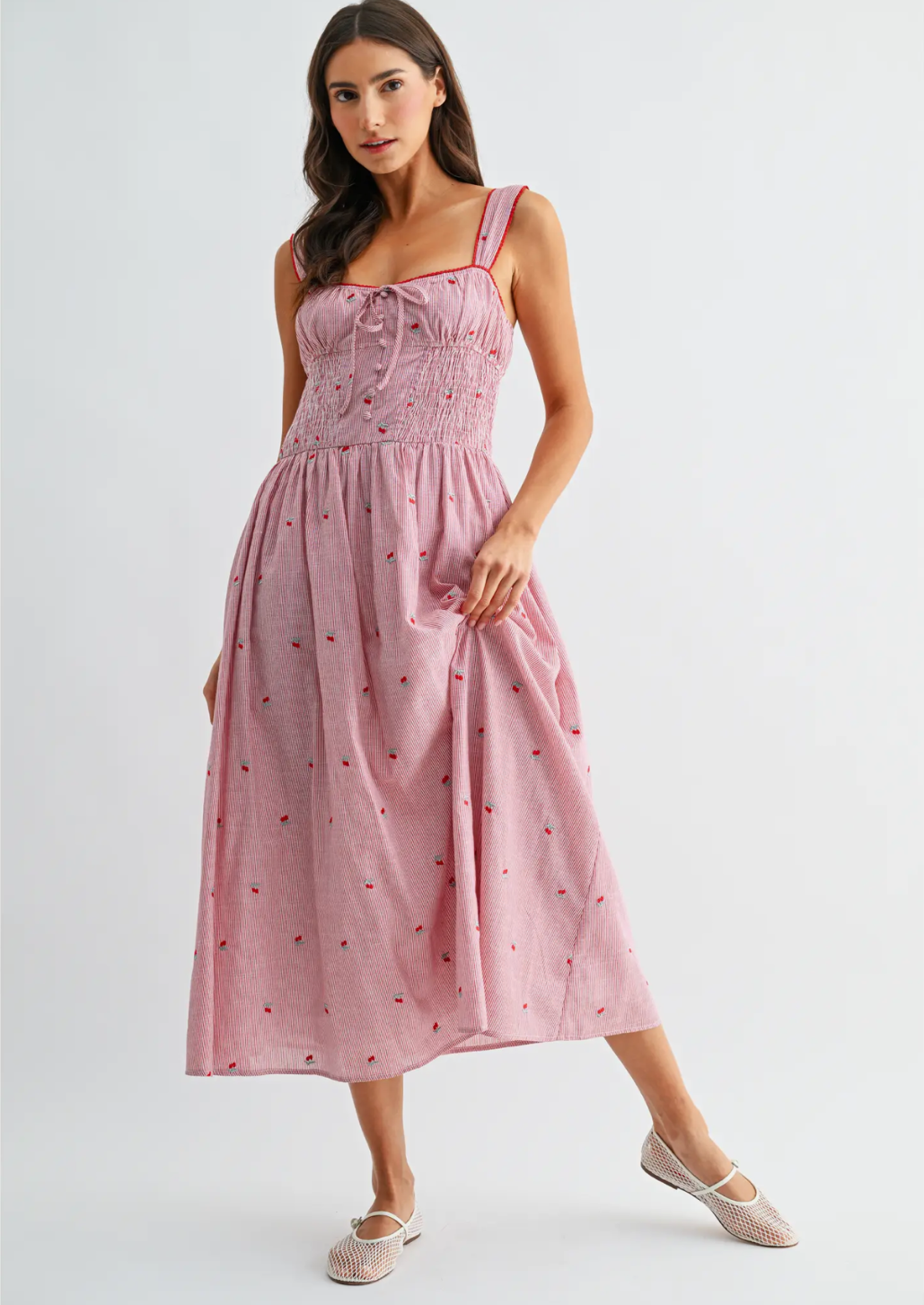 Striped Midi Dress With Cherry Embroidery