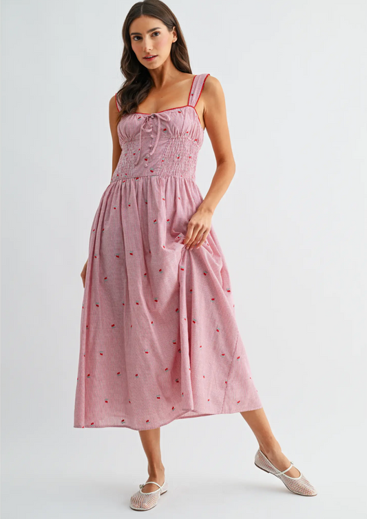 Striped Midi Dress With Cherry Embroidery
