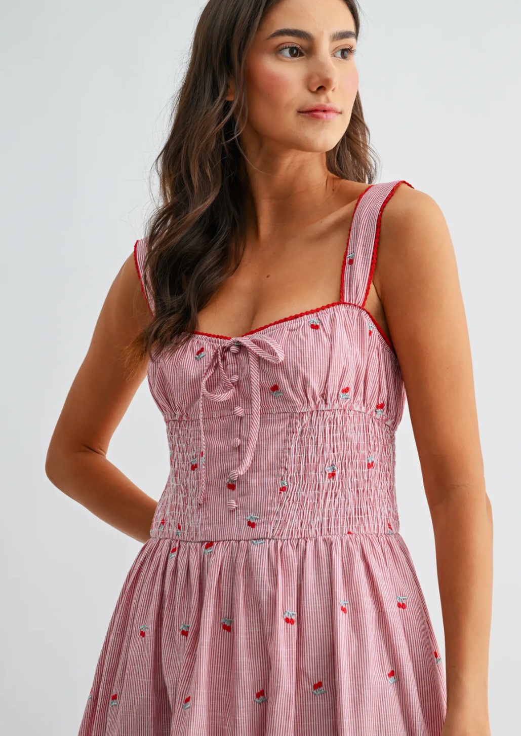 Striped Midi Dress With Cherry Embroidery