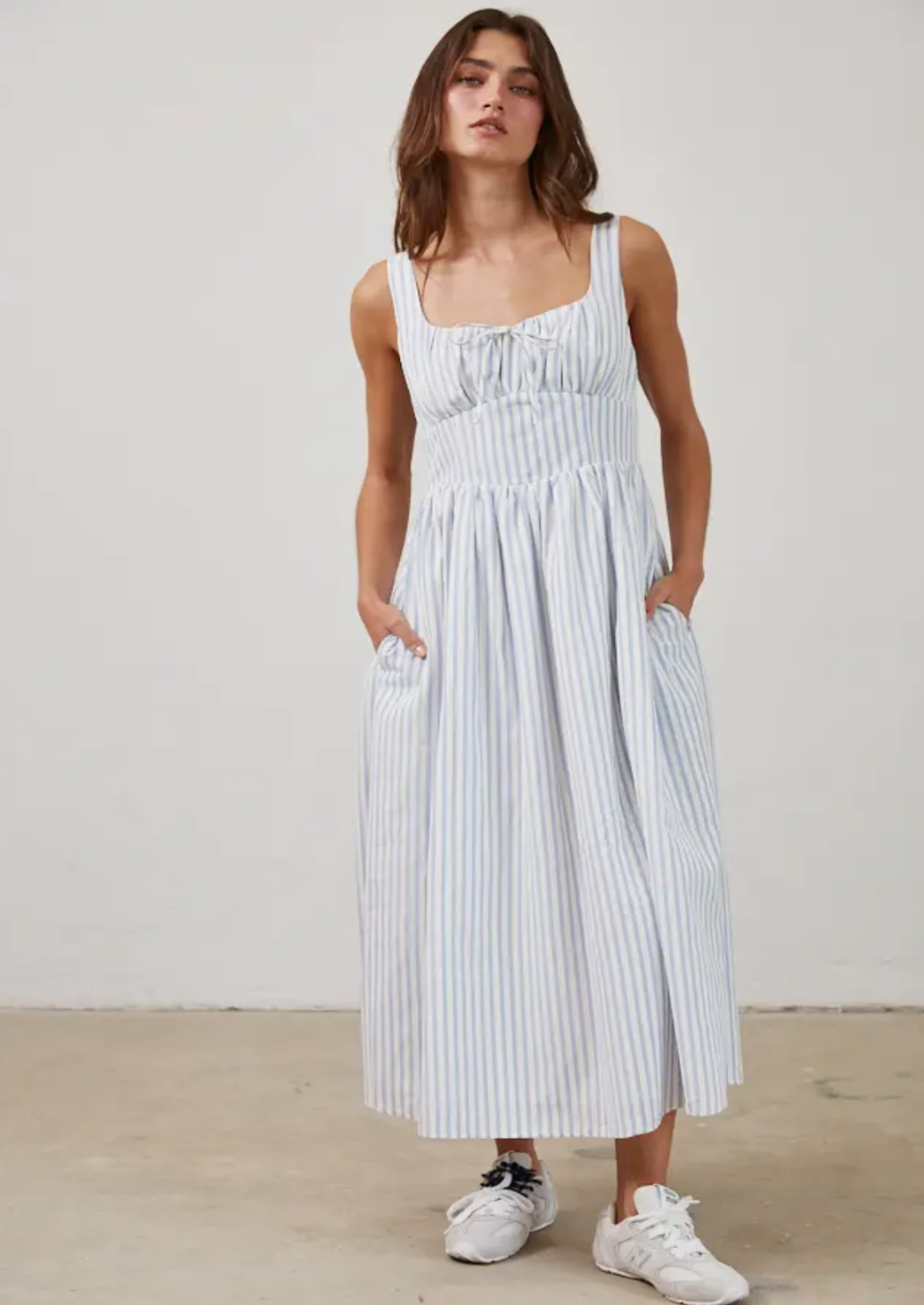 Blue & White Stripe Textured Tie Front Midi Dress