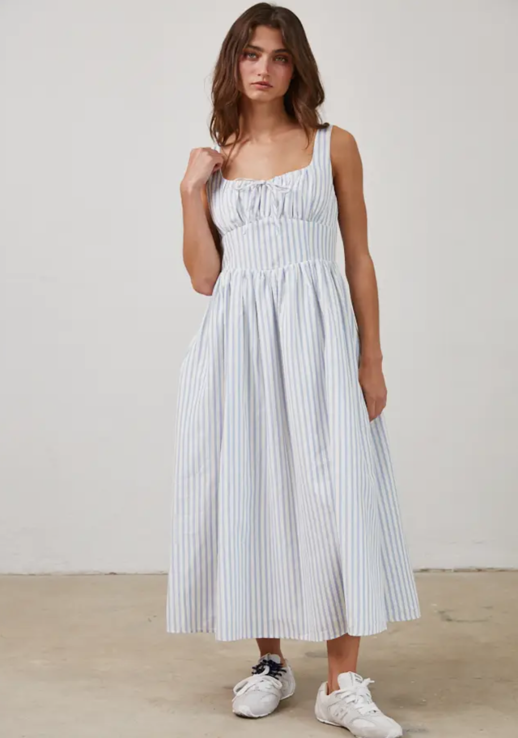 Blue & White Stripe Textured Tie Front Midi Dress