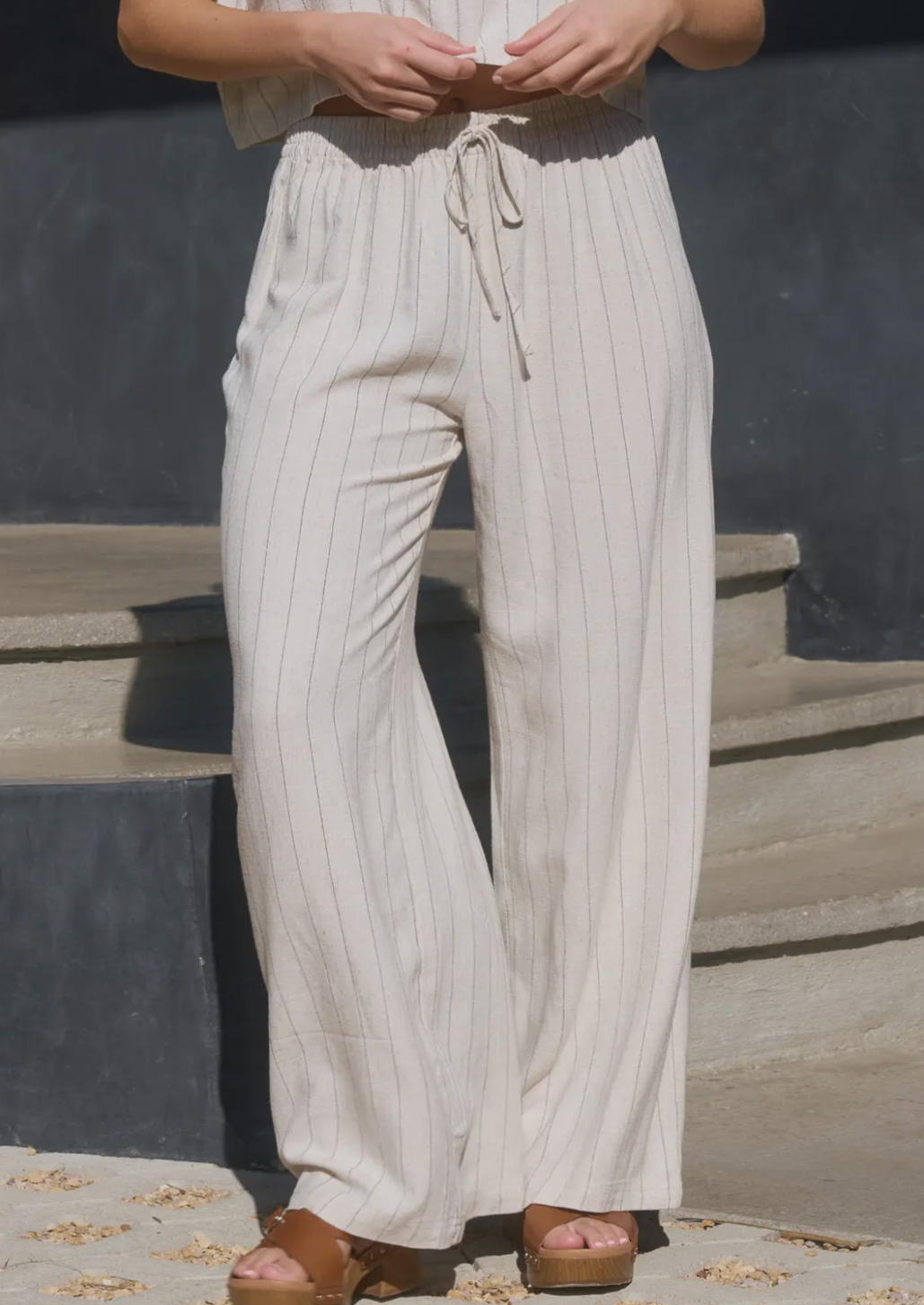 Oatmeal Drawstring Pinstripe Linen Trousers