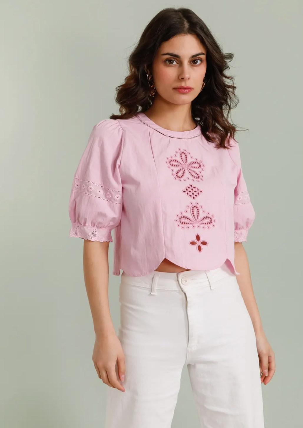 Pink Embroidery Cut Out Cotton Blouse