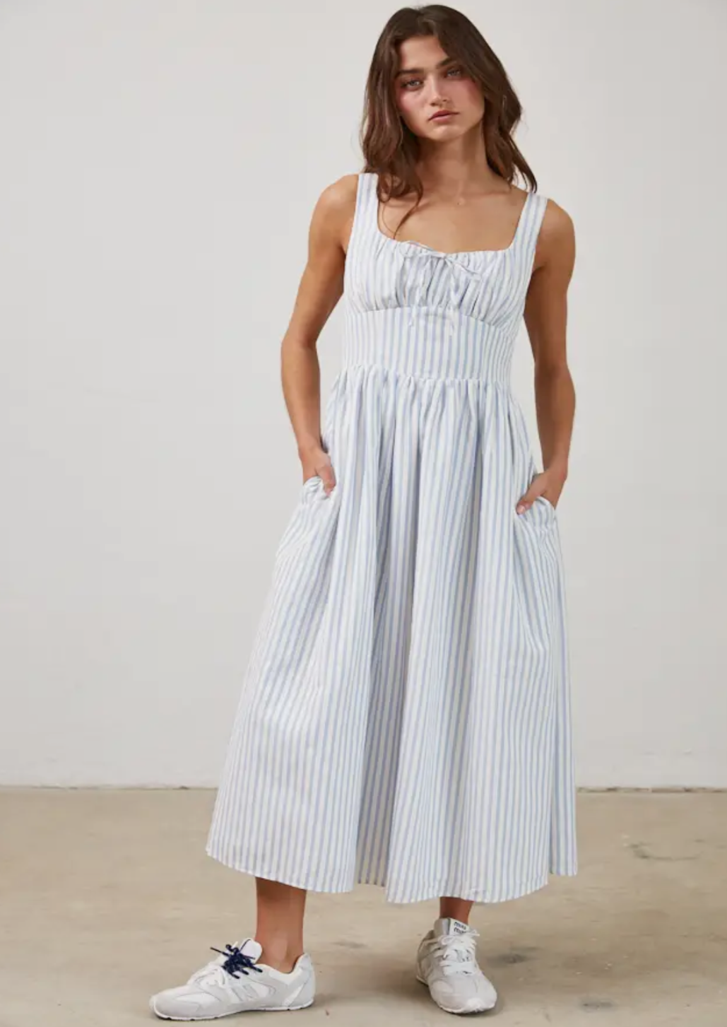 Blue & White Stripe Textured Tie Front Midi Dress