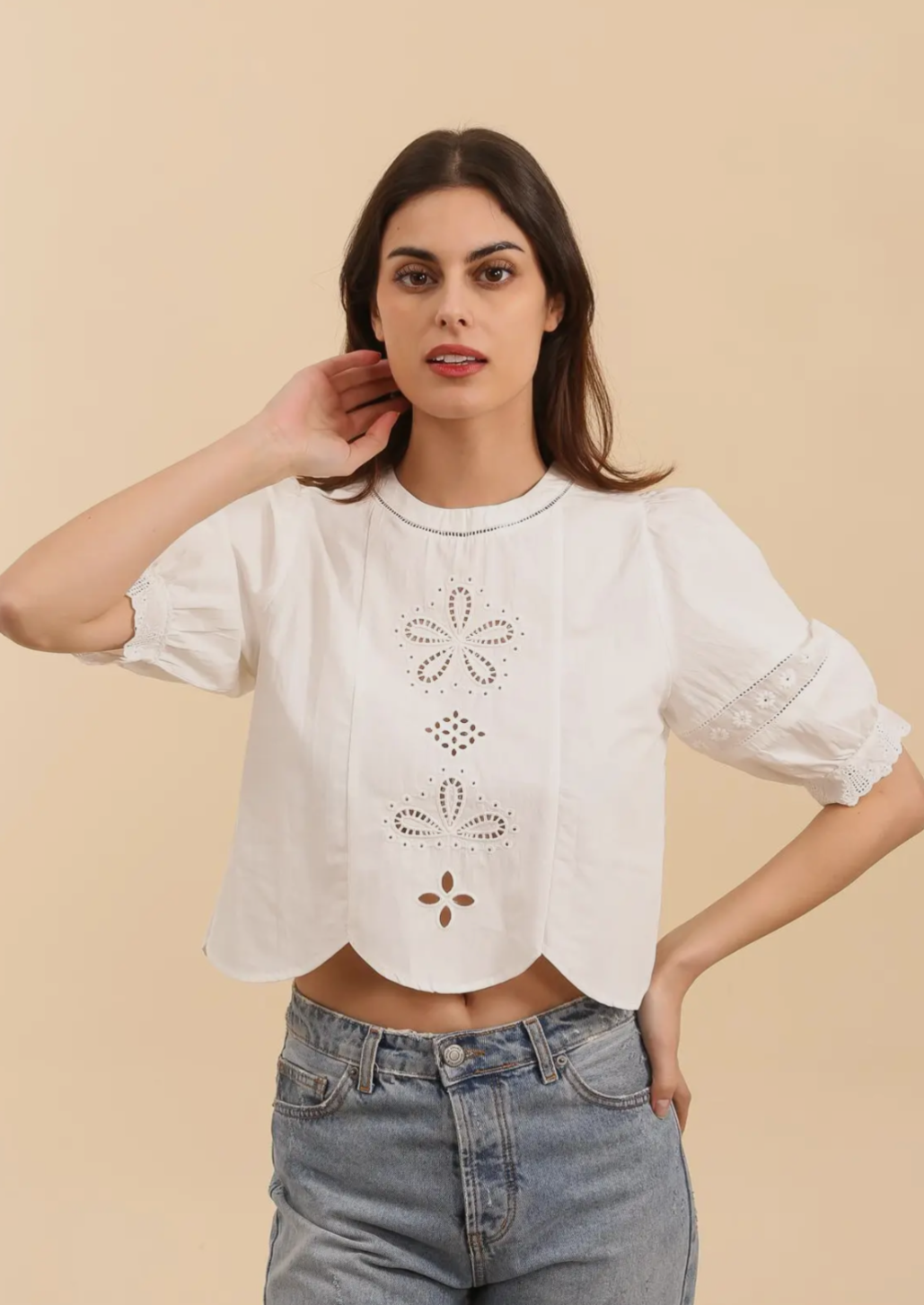 Embroidery White Flower Top