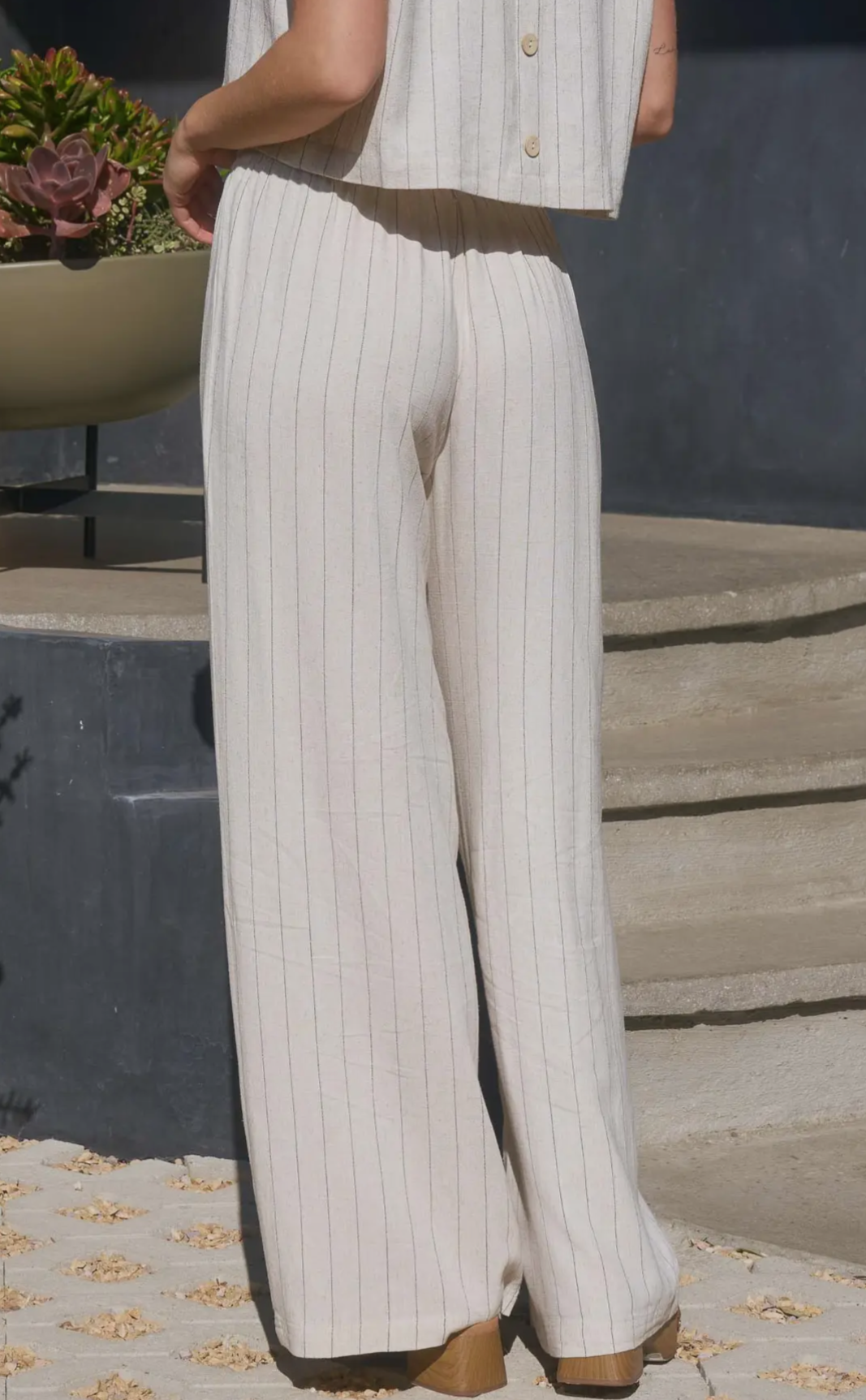 Oatmeal Drawstring Pinstripe Linen Trousers