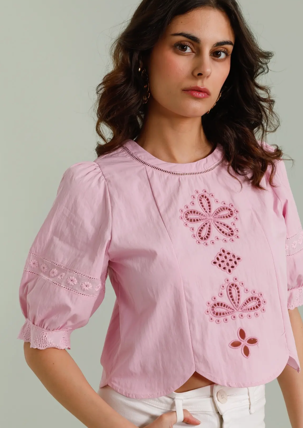 Pink Embroidery Cut Out Cotton Blouse