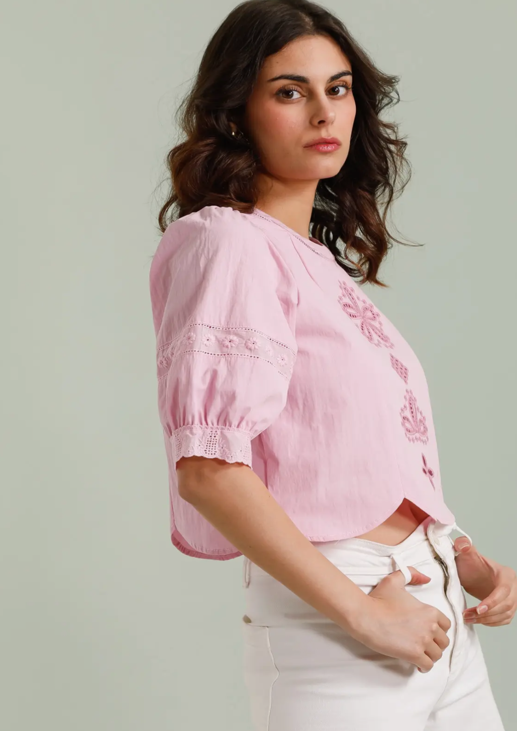 Pink Embroidery Cut Out Cotton Blouse