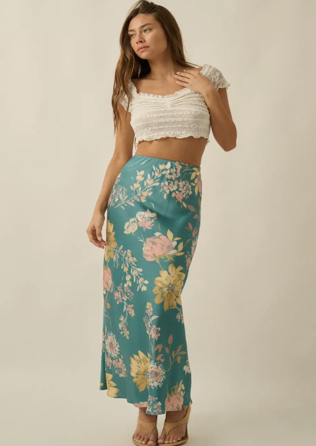 Textured Floral Print Bias Cut Maxi Skirt