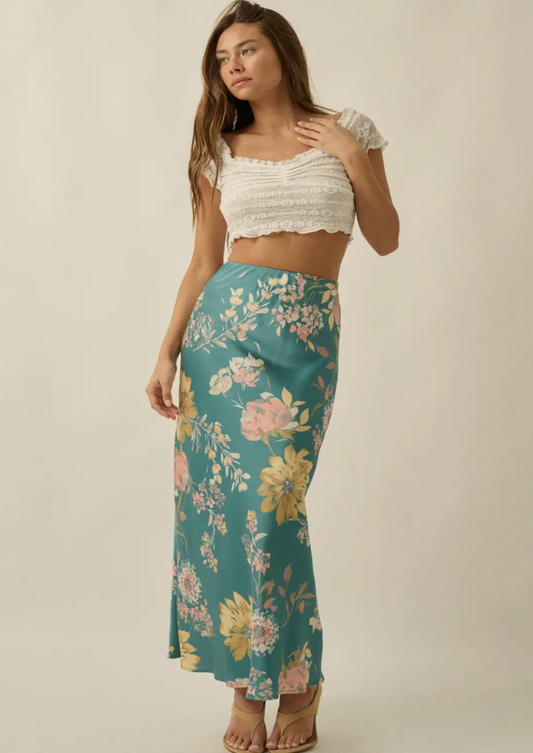Textured Floral Print Bias Cut Maxi Skirt